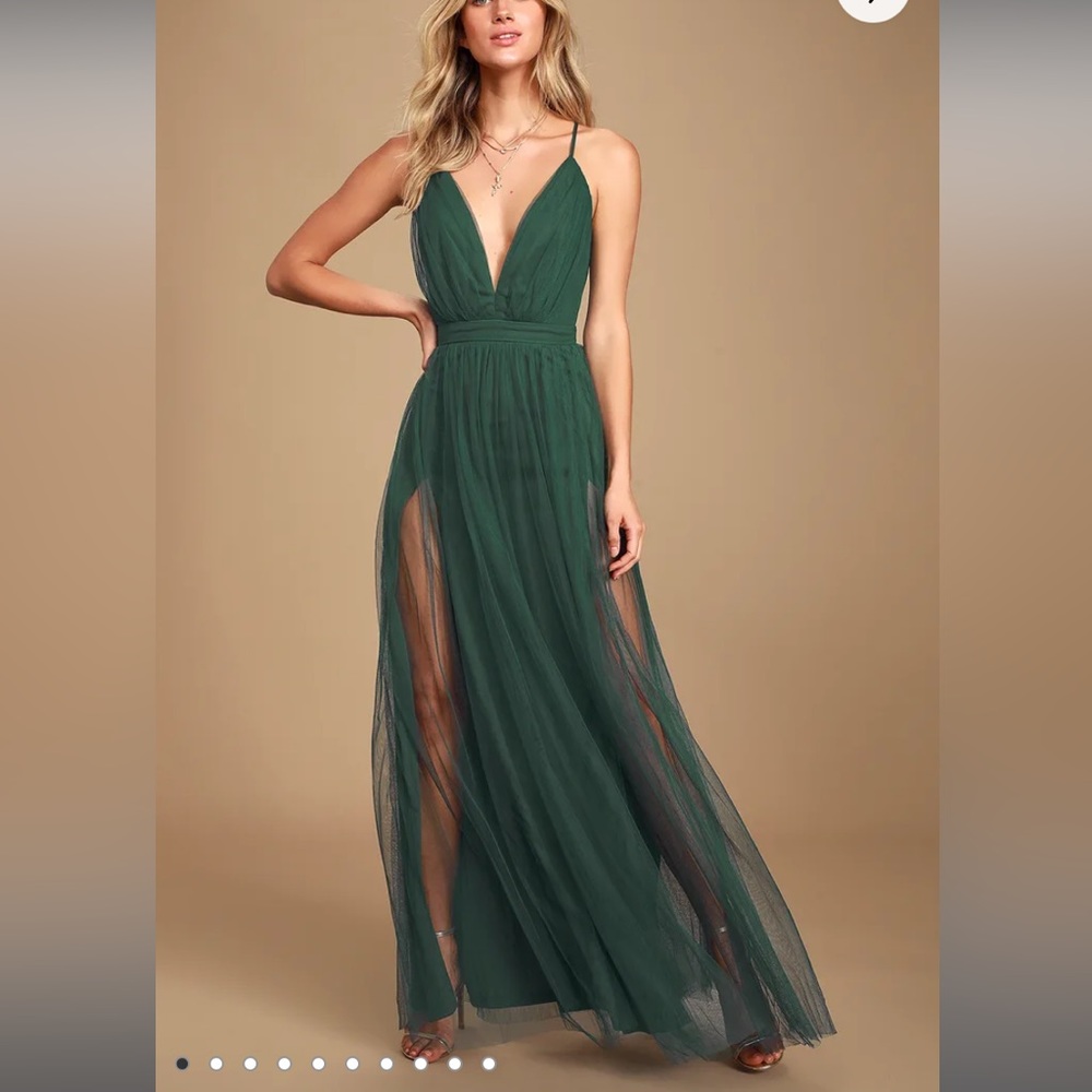 🔴 Lulus Rare Beauty Hunter Green Tulle Backless Maxi Dress